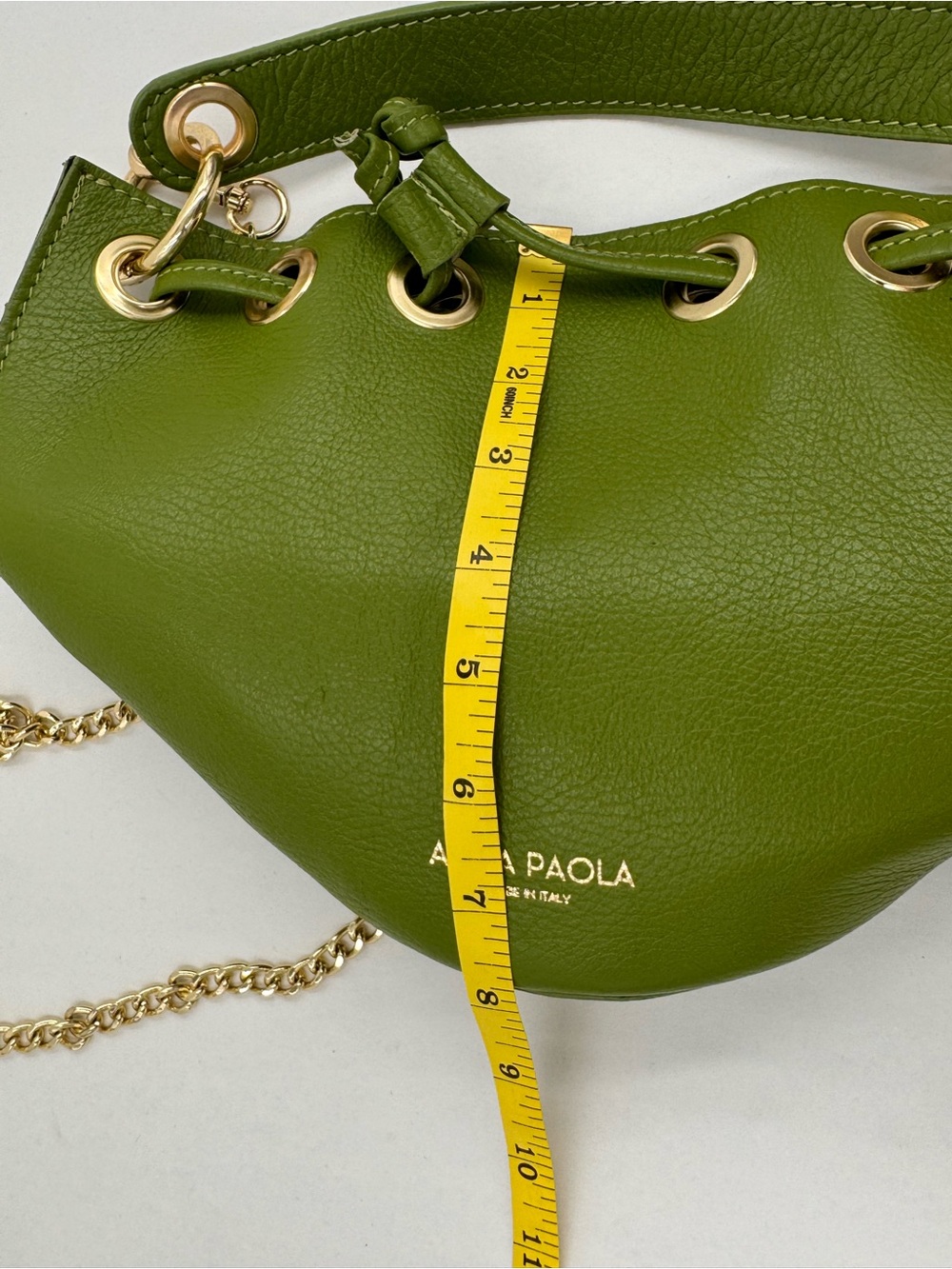 Anna Paola Gorgeous Green Leather Drawstring Bucket Bag, Made in Italy - Picture 8 of 16
